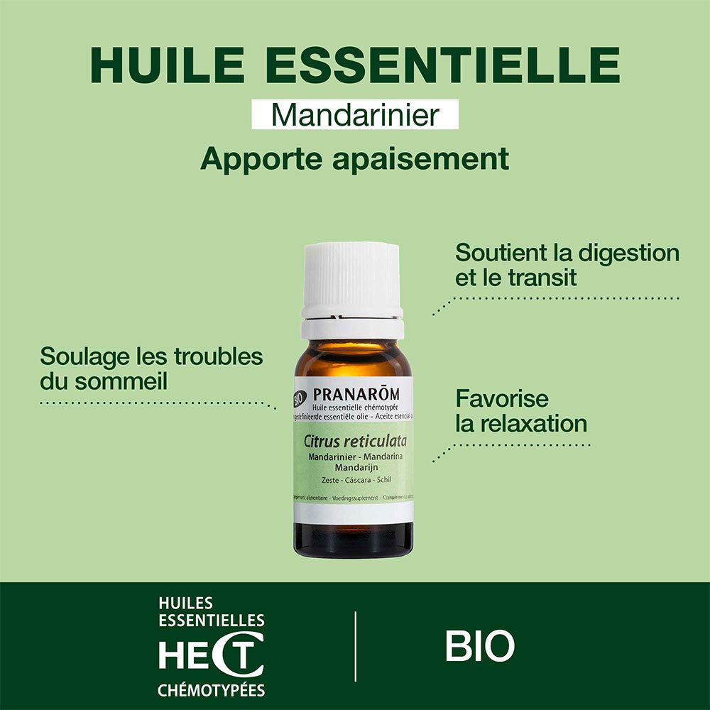 Huile essentielle de Mandarine. Favorise le sommeil, la digestion et la relaxation. Flacon visible.