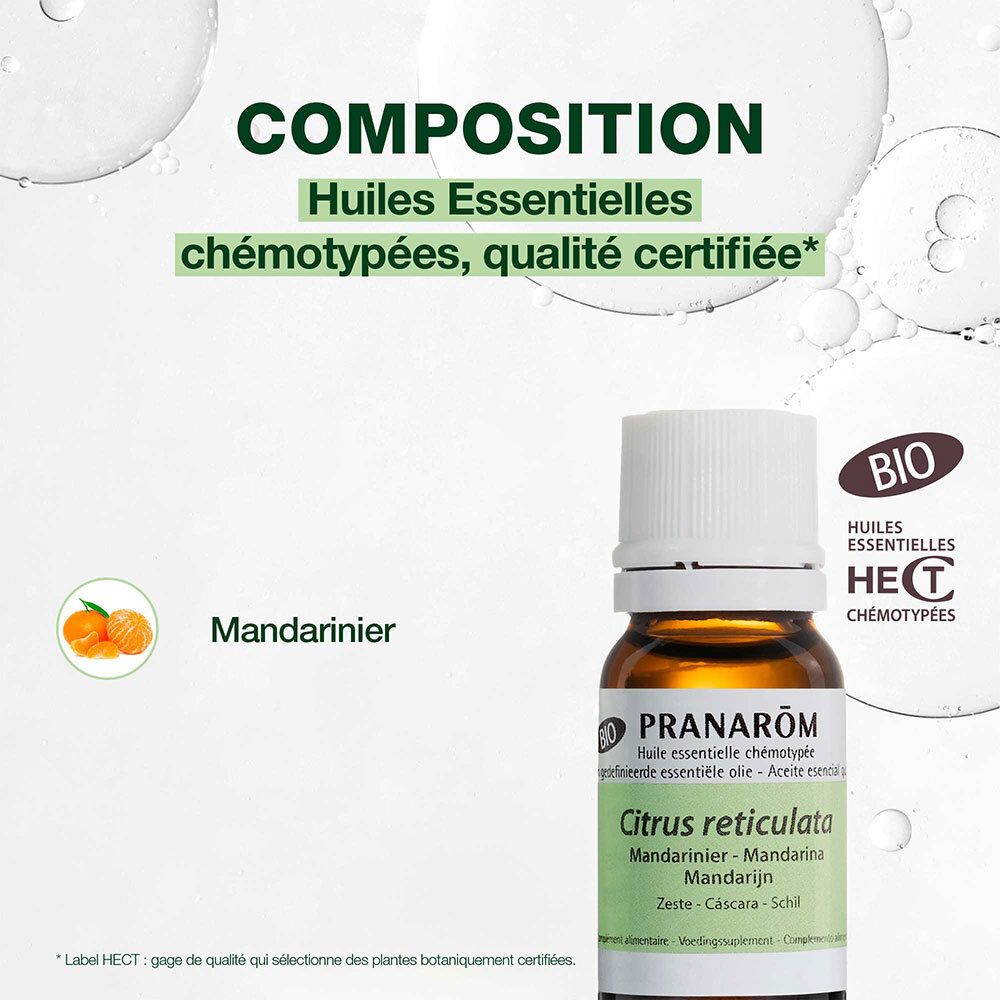 Flacon d'huile essentielle de Mandarine. Certification BIO. Huiles essentielles chémotypées.