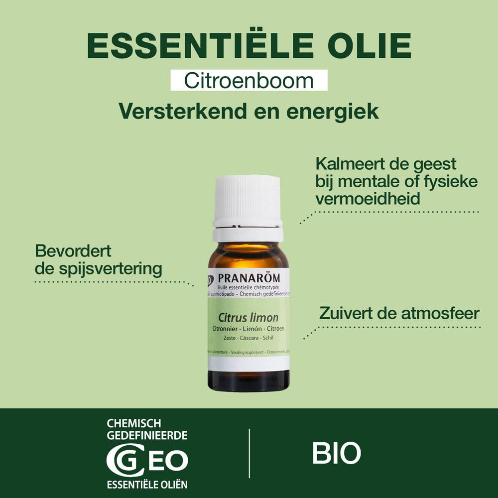 Reclamebord met PRANAROM Zitrone essentiële olie. Tekst over voordelen en BIO-certificering. Fles op de voorgrond.