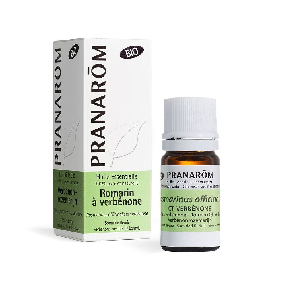 Flesje en doosje PRANAROM Rozemarijn met verbena. BIO-certificering. Opschrift: Huile Essentielle 100% pure et naturelle.
