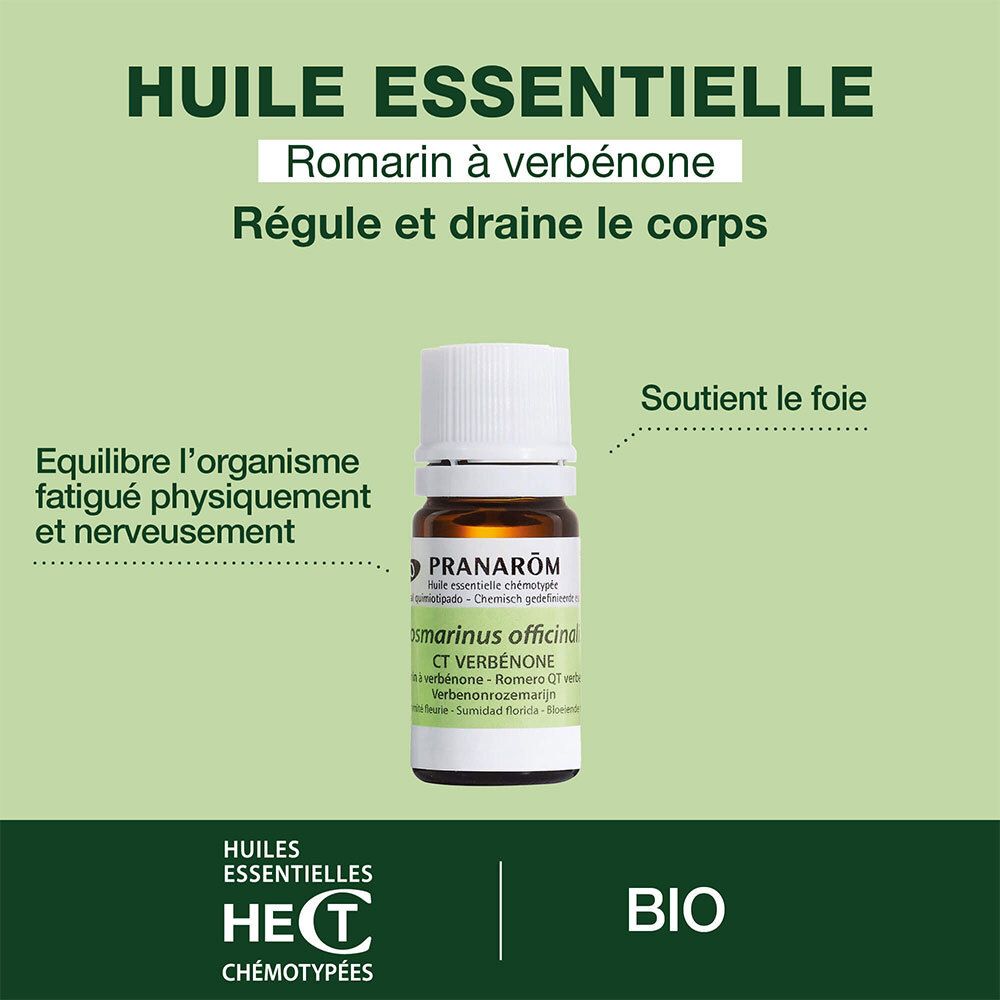 Reclamebeeld met flesje PRANAROM Rozemarijn met verbena. Tekst: Huile Essentielle, Régule et draine le corps.