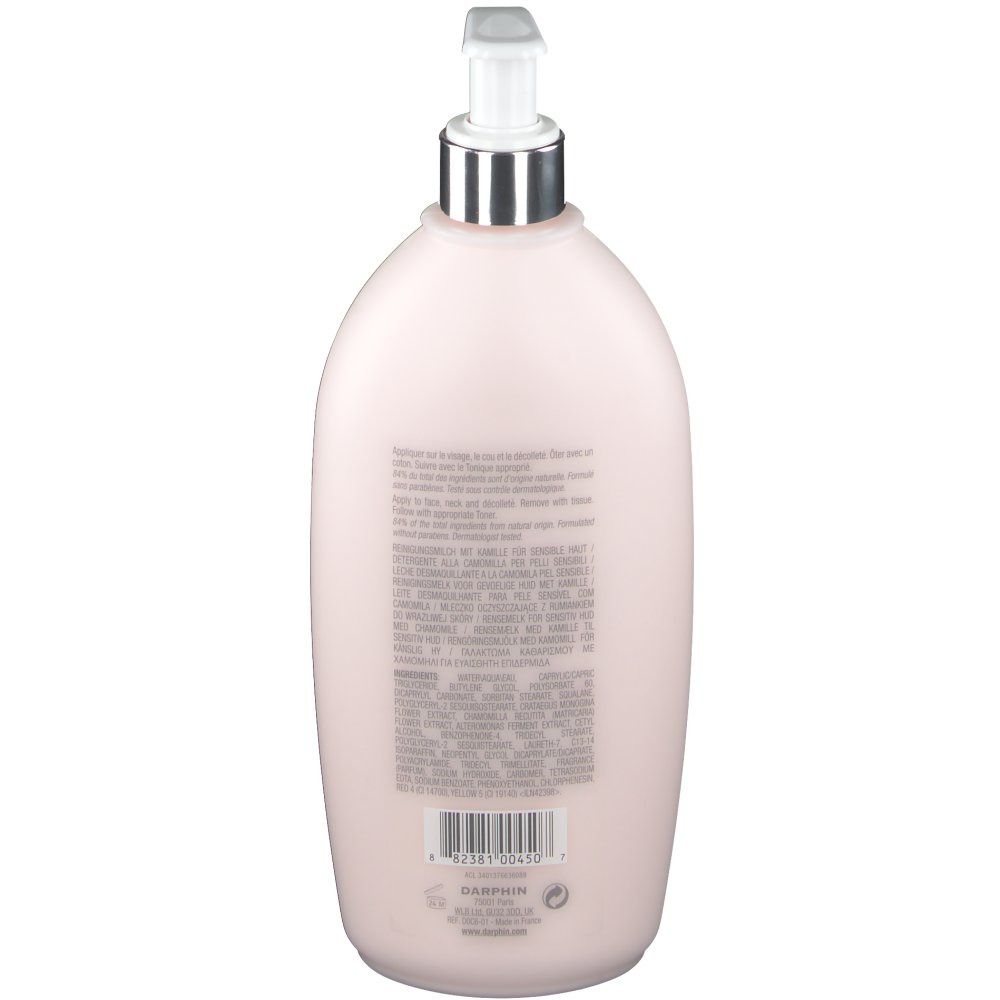 Achterkant van de roze fles met pomp. Tekst en barcode. Productnaam niet zichtbaar.