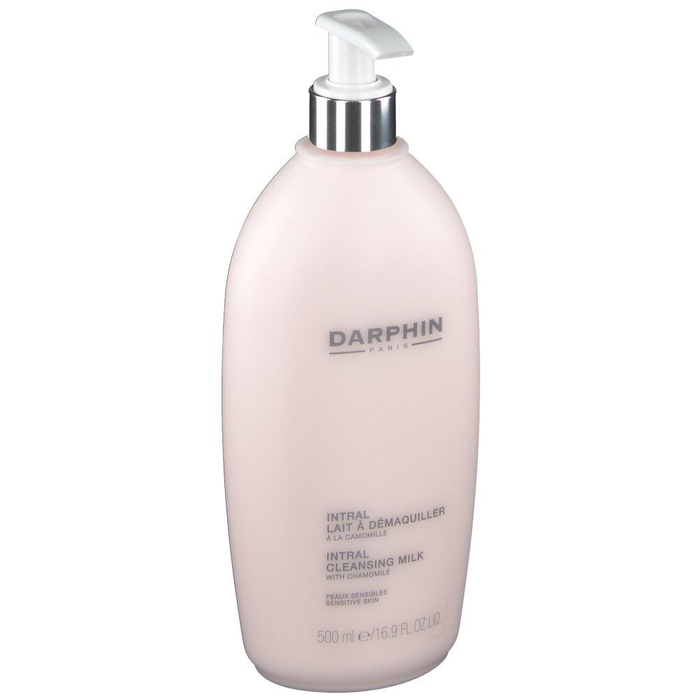Roze fles met pomp. Darphin-logo en productnaam. Tekst: Intral Cleansing Milk met kamille. Voor de gevoelige huid.