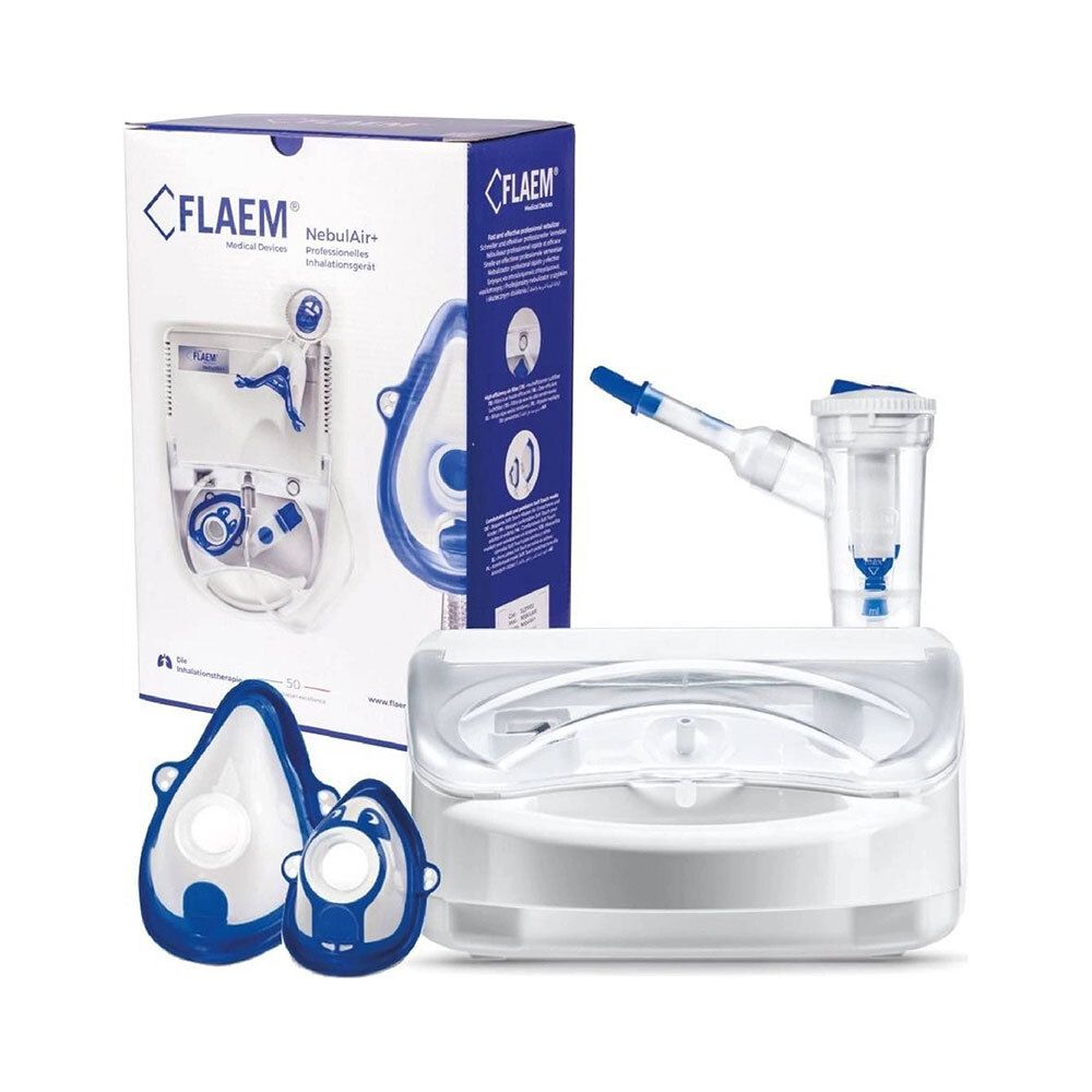 Flaem Nebulair+ aerosoltherapie set met maskers en vernevelaar. Witte en blauwe unit.