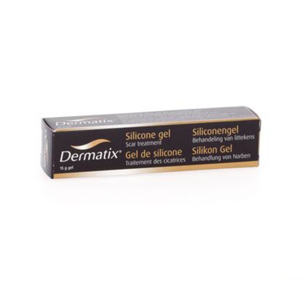 Verpakking Dermatix Gel de Silicone. Zwarte doos met productnaam en tekst in meerdere talen.