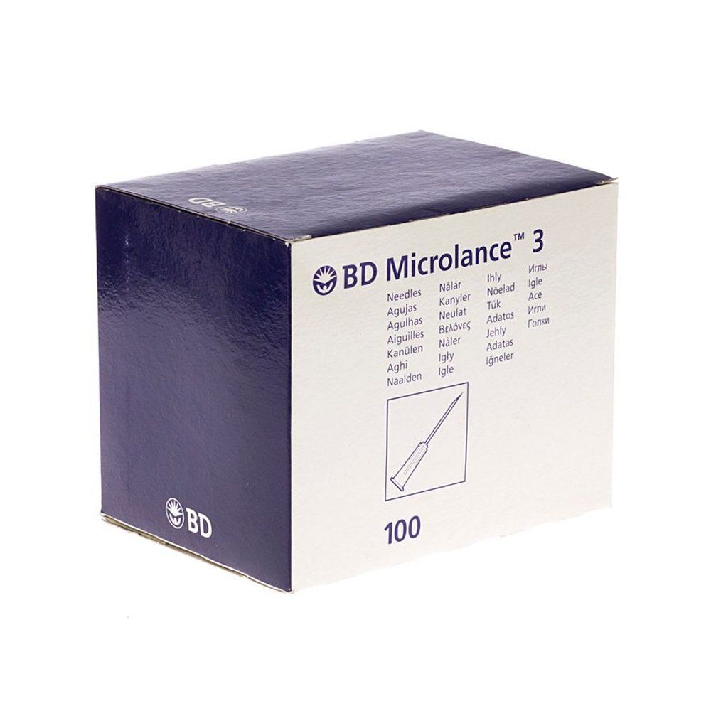 Doos BD Microlance 3. Opschrift: 100 naalden. Productafbeelding en merknamen.
