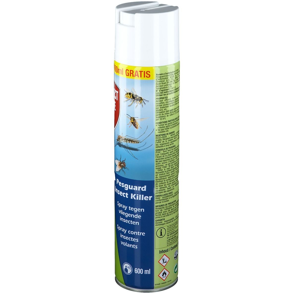 Aérosol avec bouchon blanc. Inscription: Protect Home, Pesguard Insect Killer. 600 ml.