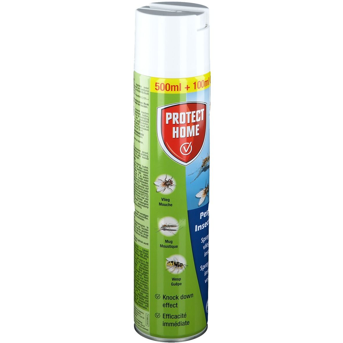 Aérosol avec bouchon blanc. Inscription: Protect Home, Pesguard Insect Killer. Illustration d'insectes.