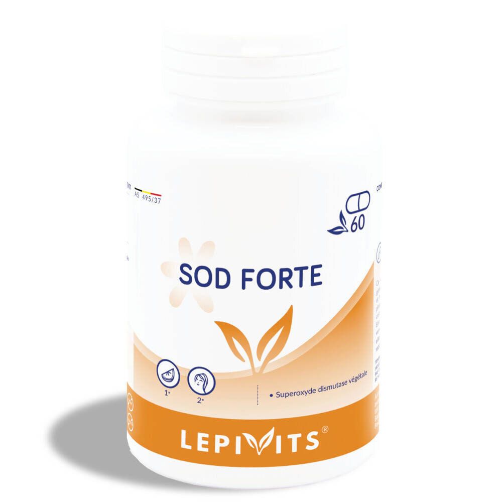 Witte fles met SOD Forte capsules. Oranje strook met LEPIVITS logo. 60 capsules.