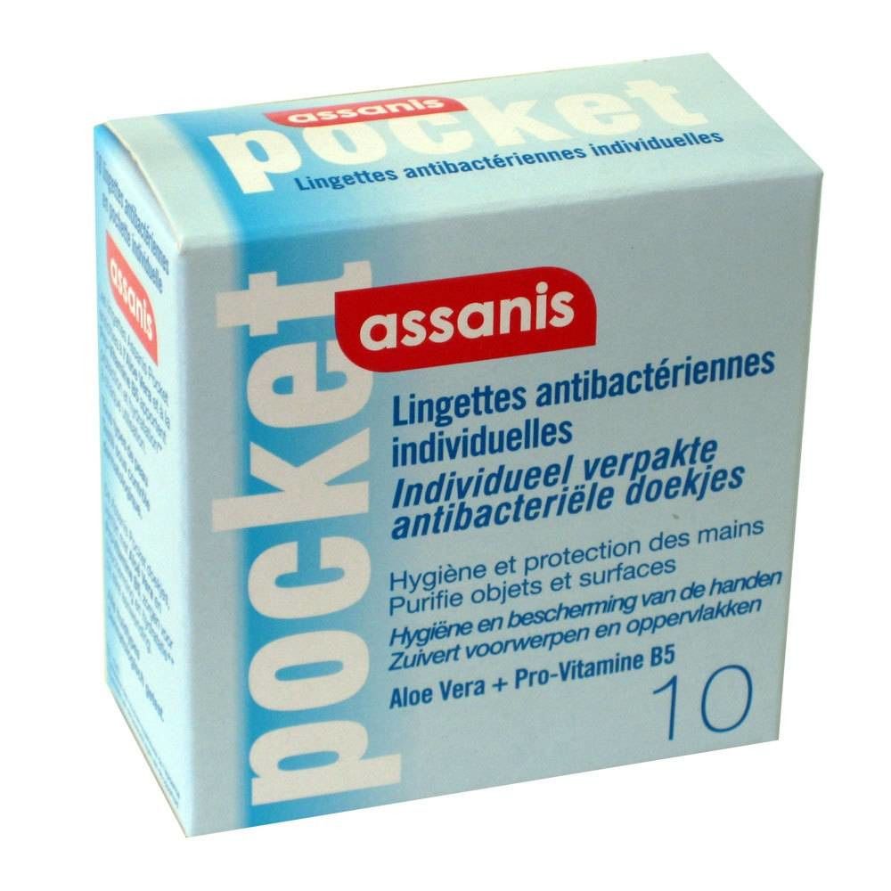 Boîte de lingettes antibactériennes Assanis Pocket. Inscription "pocket" et "Assanis". Contient 10 lingettes. Texte en français et néerlandais.