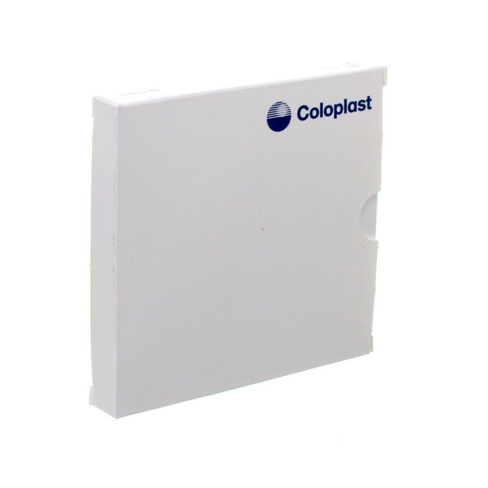 Witte, rechthoekige verpakking met Coloplast-logo. Uitsparing aan de zijkant.