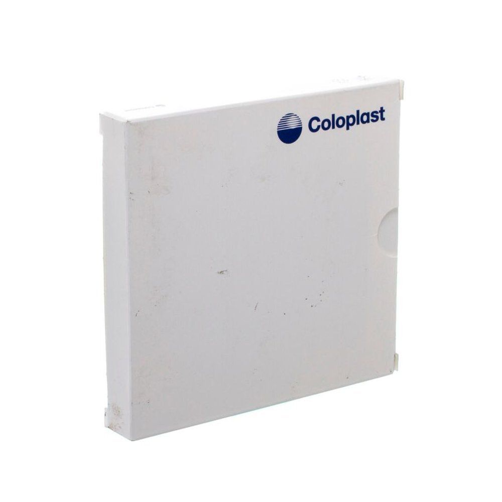 Emballage rectangulaire blanc avec logo bleu et texte Coloplast. Couvercle ouvert.