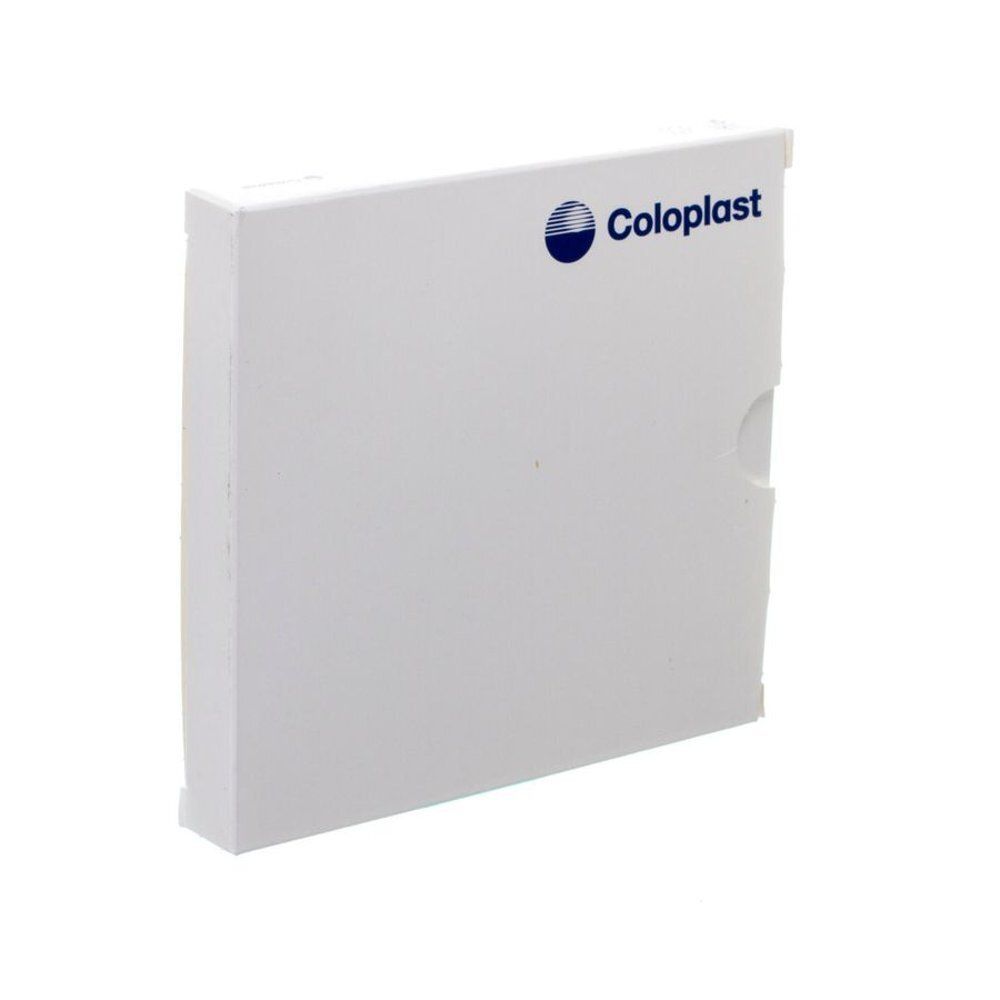 Emballage blanc avec logo Coloplast. Forme carrée aux bords arrondis. Découpe latérale.