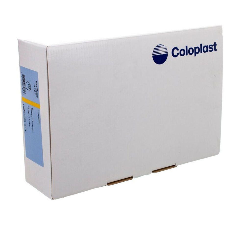 Boîte blanche avec logo Coloplast. Autocollants bleus et jaunes sur le côté. Emballage produit.