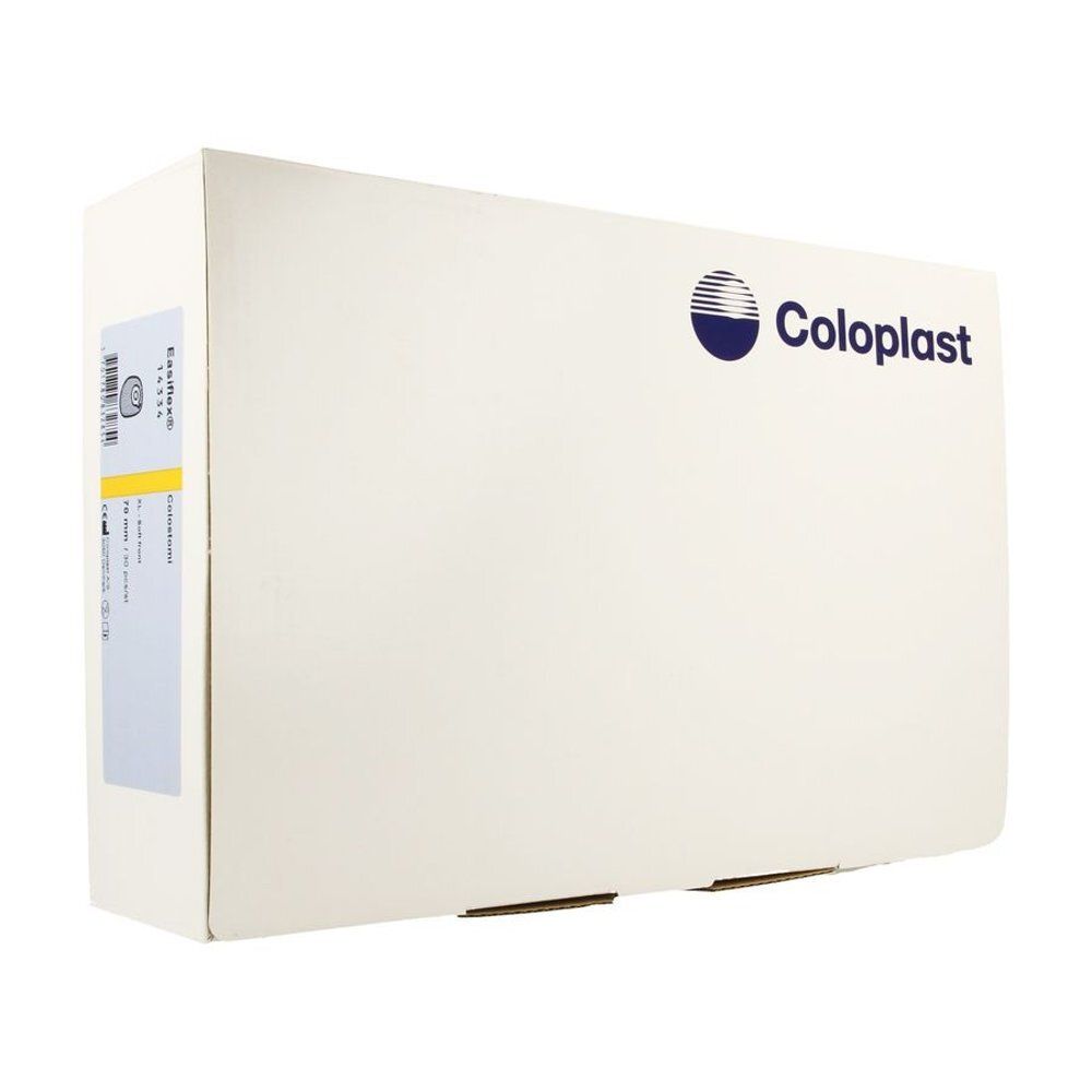 Witte doos met Coloplast-logo. Sticker met productinformatie. Vierkante vorm.