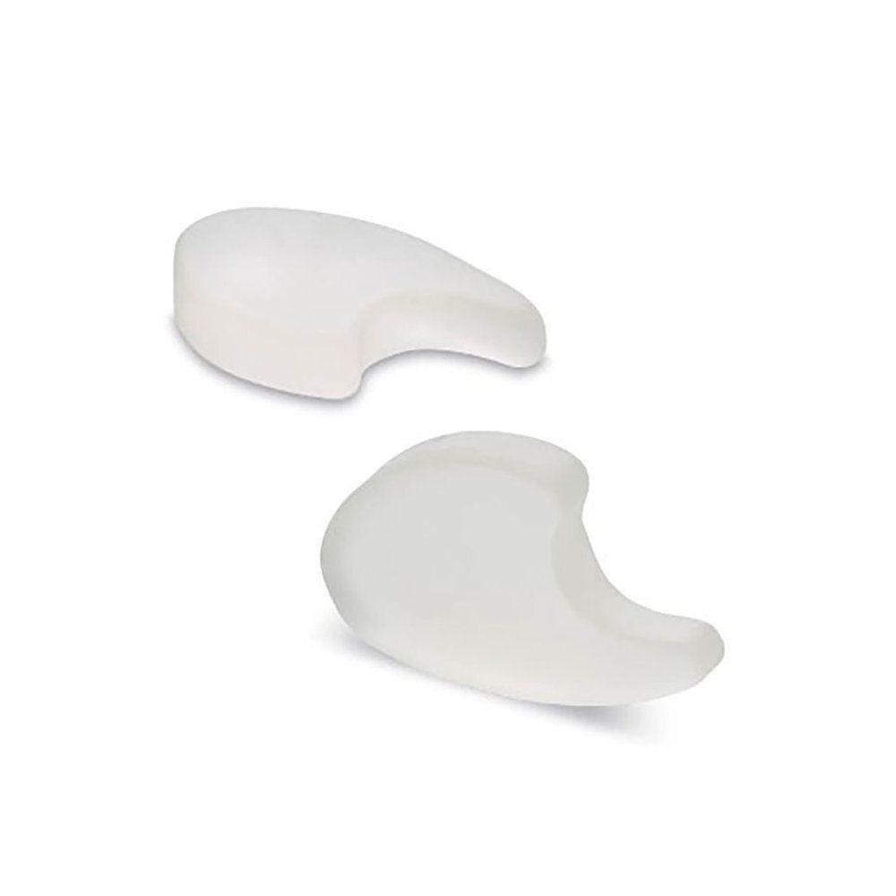 Deux écarteurs d'orteils en matériau transparent. En forme de croissant avec une découpe.
