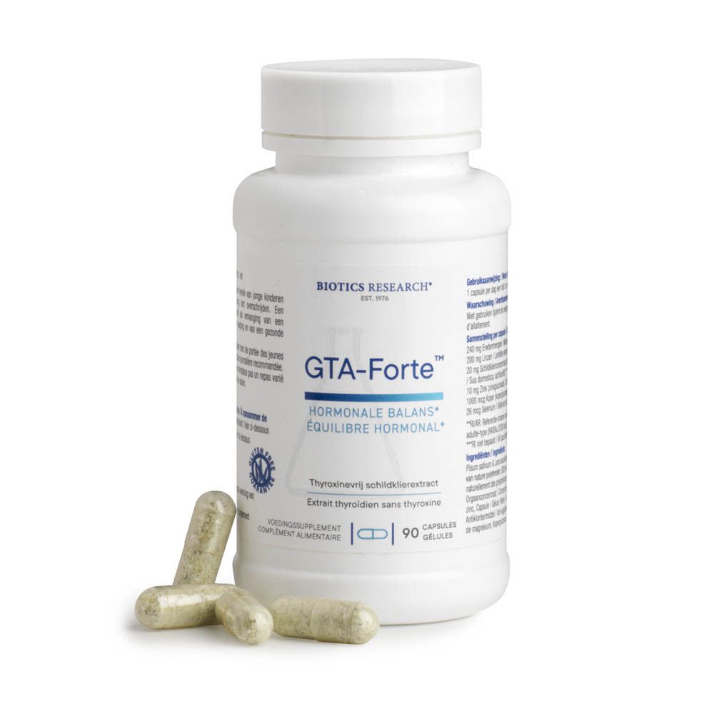 Witte fles met capsules en drie capsules ernaast. Opschrift: GTA-Forte, hormonale balans, Biotics Research. 90 capsules.