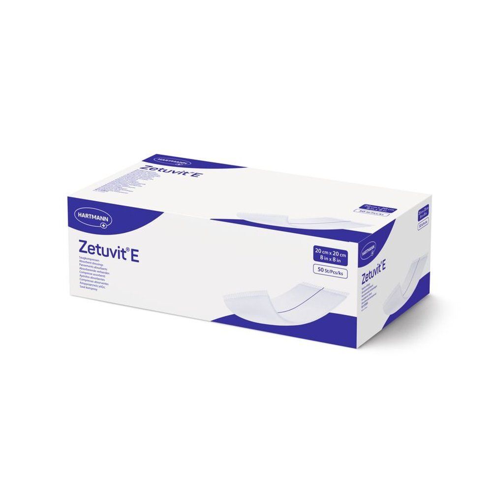 Verpakking Zetuvit E kompressen 20x20 cm, 50 stuks.