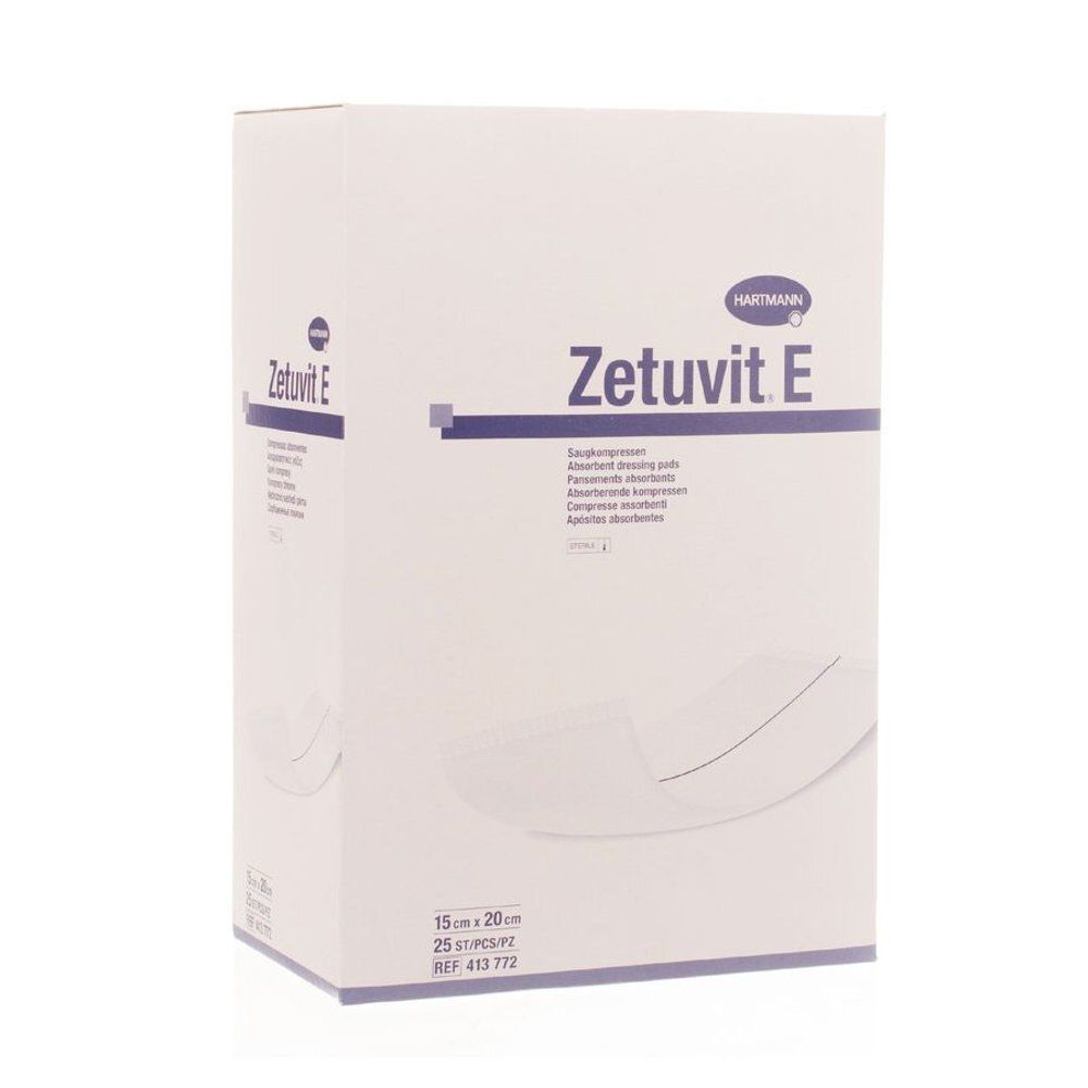 Verpakking van HARTMANN Zetuvit E, steriele absorberende kompressen, 15x20cm, 25 stuks.