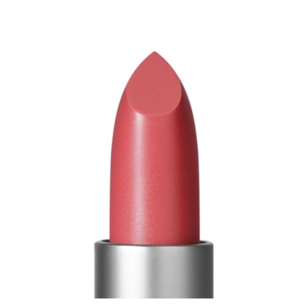 Close-up van de lipstick. Roze stick in zilveren huls.