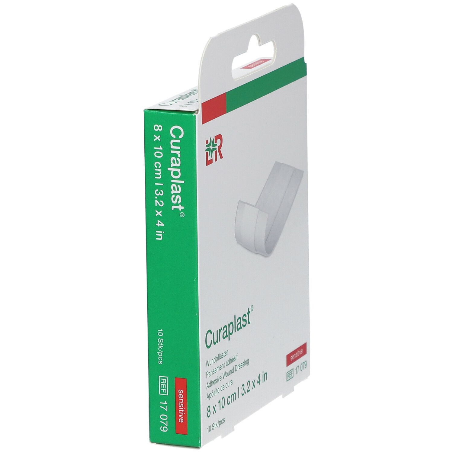 Verpakking Curaplast® sensitiv wondverband. Afmeting 8 x 10 cm. 10 stuks. Zicht: zijkant.