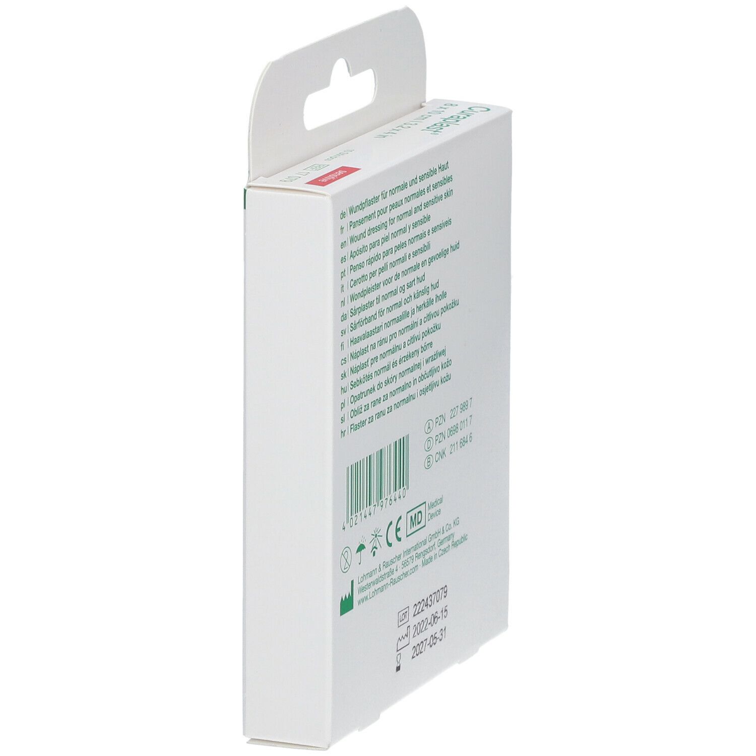 Zijkant van de Curaplast® sensitiv verpakking. Meertalige tekst. Productie-informatie.
