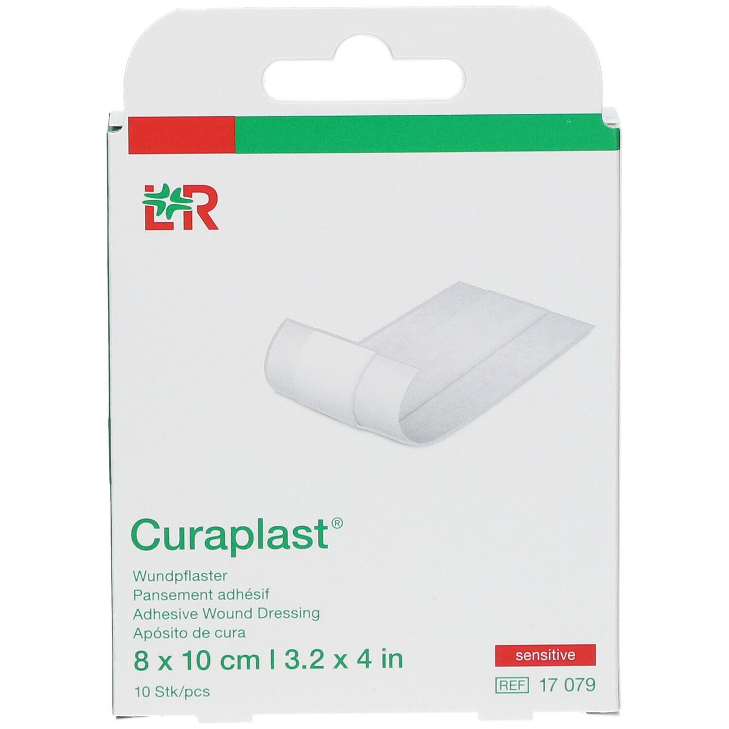 Verpakking Curaplast® sensitiv wondverband. Afmeting 8 x 10 cm. 10 stuks. Zichtbaar: wondverband.