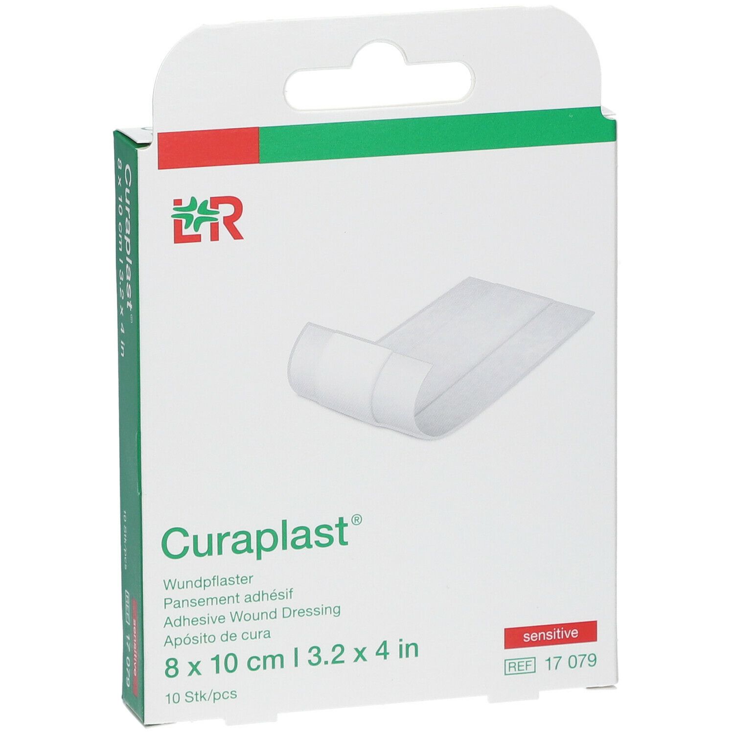 Verpakking Curaplast® sensitiv wondverband. Afmeting 8 x 10 cm. 10 stuks. Zicht: zijkant.