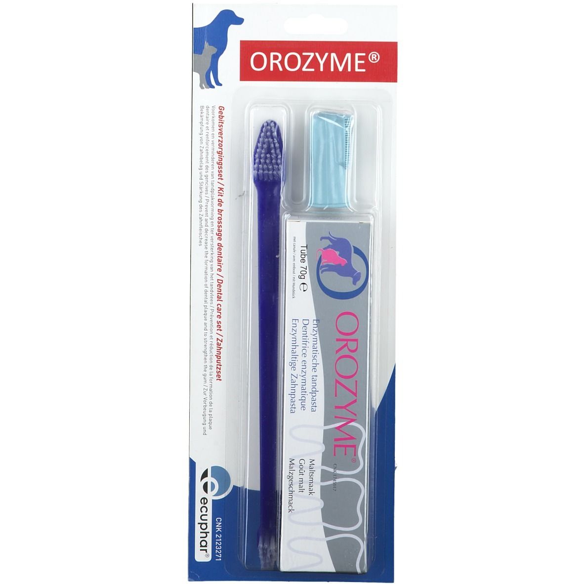 Kit brosse à dents et dentifrice. Brosse à dents bleue, tube à bouchon bleu. Nom du produit et logo visibles.