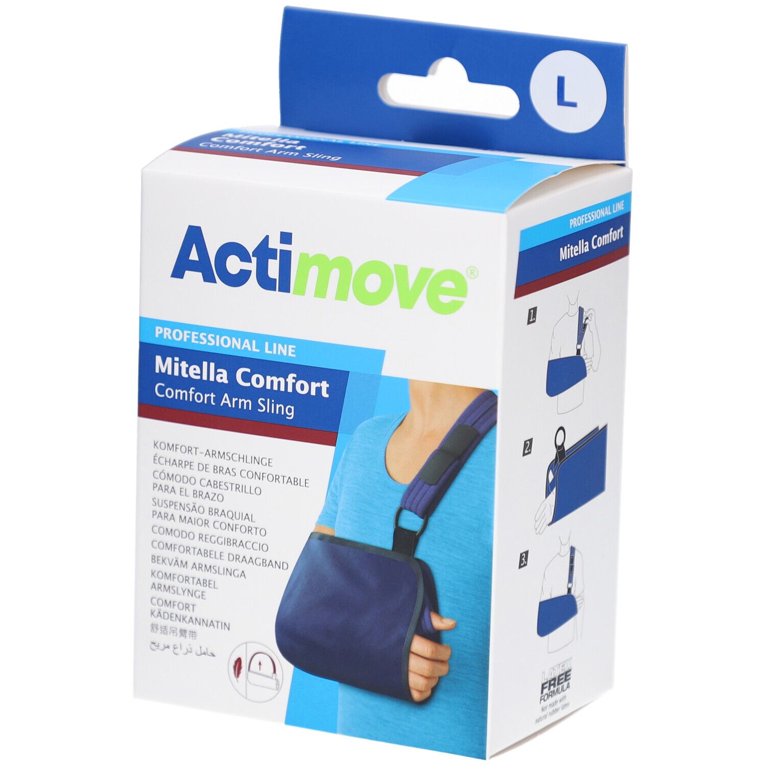Emballage de l'attelle de bras Actimove Mitella Comfort L. Inscription : Actimove, Mitella Comfort, écharpe. Taille L.