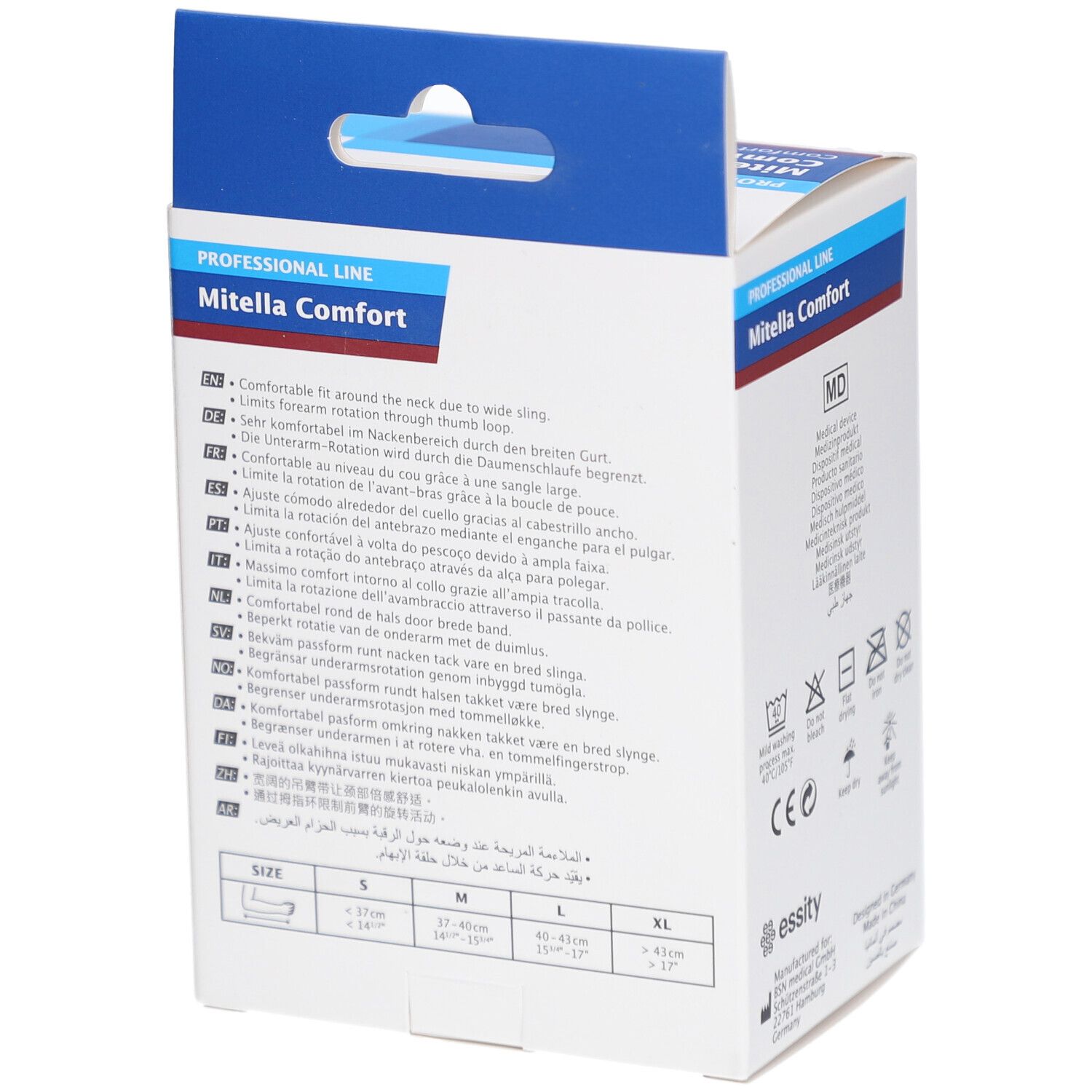 Dos de l'emballage Actimove Mitella Comfort. Tailles S, M, L, XL. Symboles de lavage et informations du fabricant.