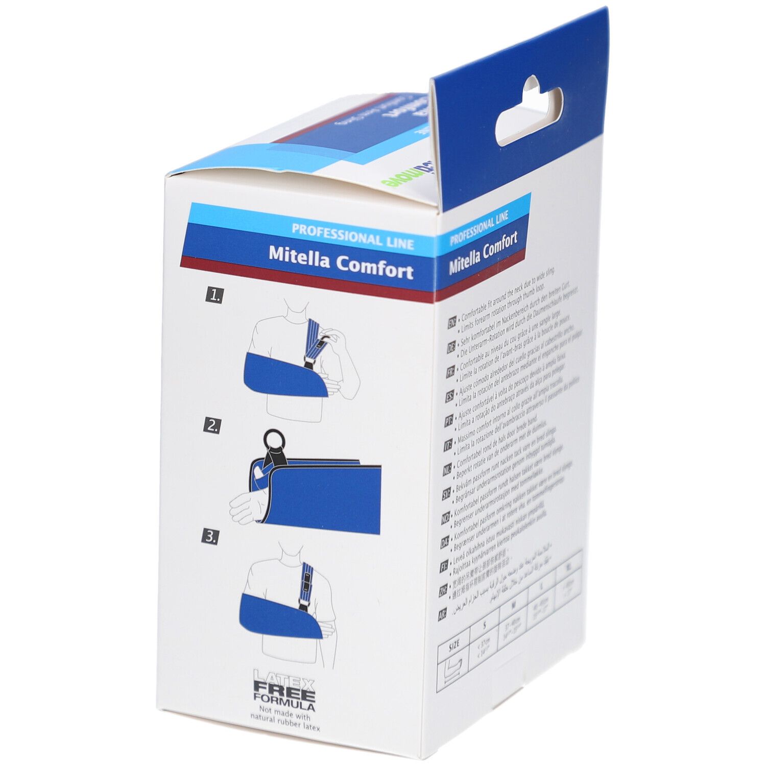 Emballage Actimove Mitella Comfort. Illustrations d'application. Tailles S, M, L, XL.