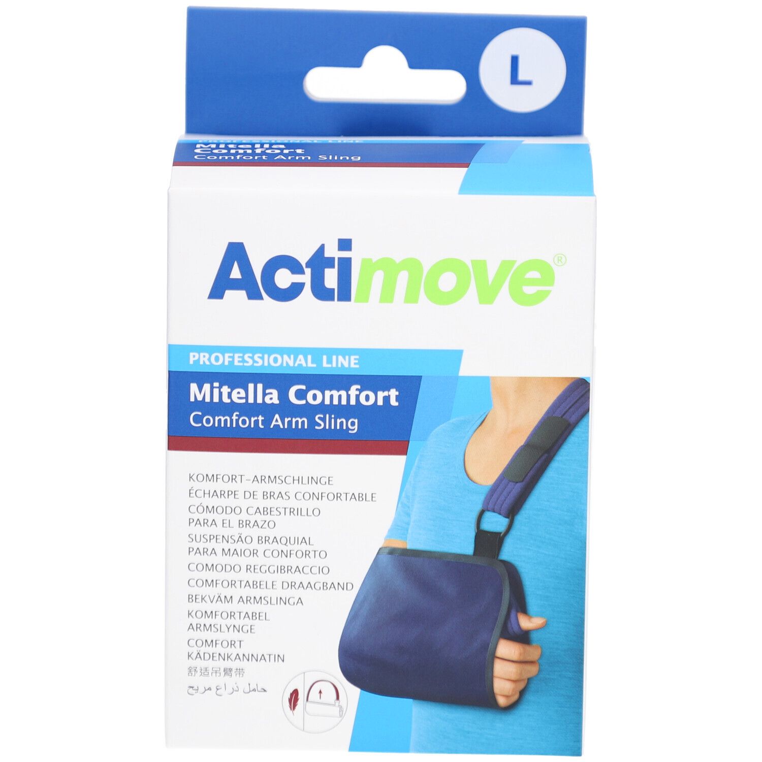 Attelle de bras Actimove Mitella Comfort L dans l'emballage. Inscription : Actimove, Mitella Comfort, écharpe. Taille L.