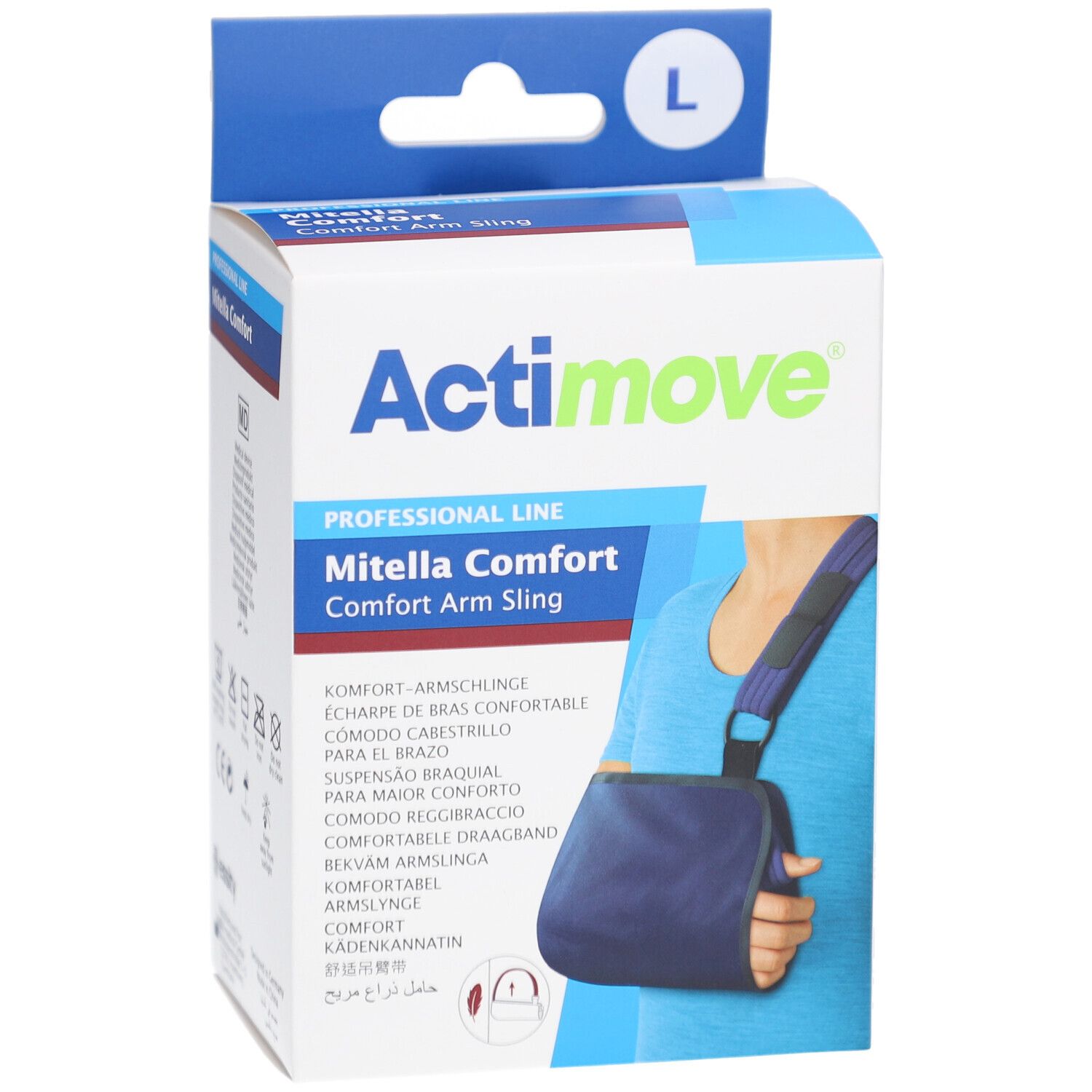 Attelle de bras Actimove Mitella Comfort L dans l'emballage. Inscription : Actimove, Mitella Comfort, écharpe. Taille L.