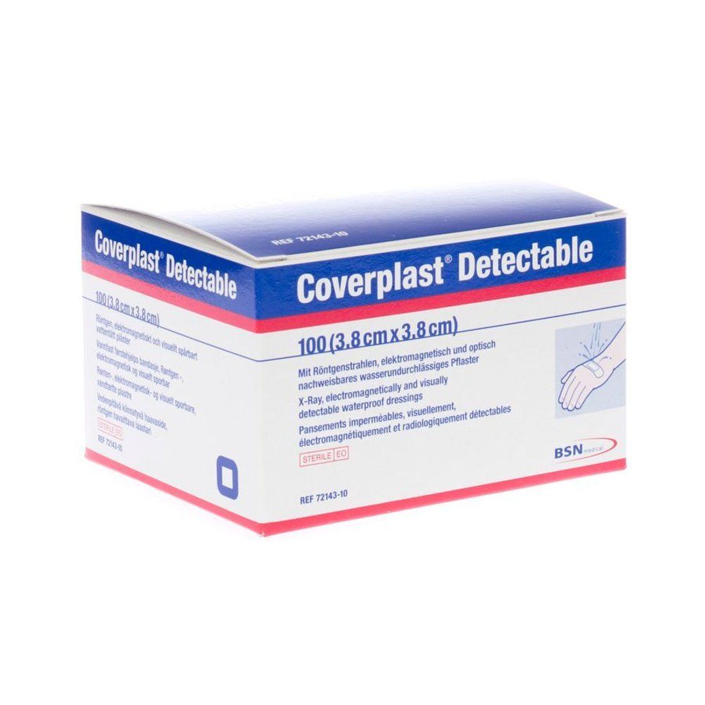 Doos Coverplast Detectable, 100 pleisters (3,8 x 3,8 cm). Blauw-witte verpakking met productnaam en beschrijving. BSN-logo.