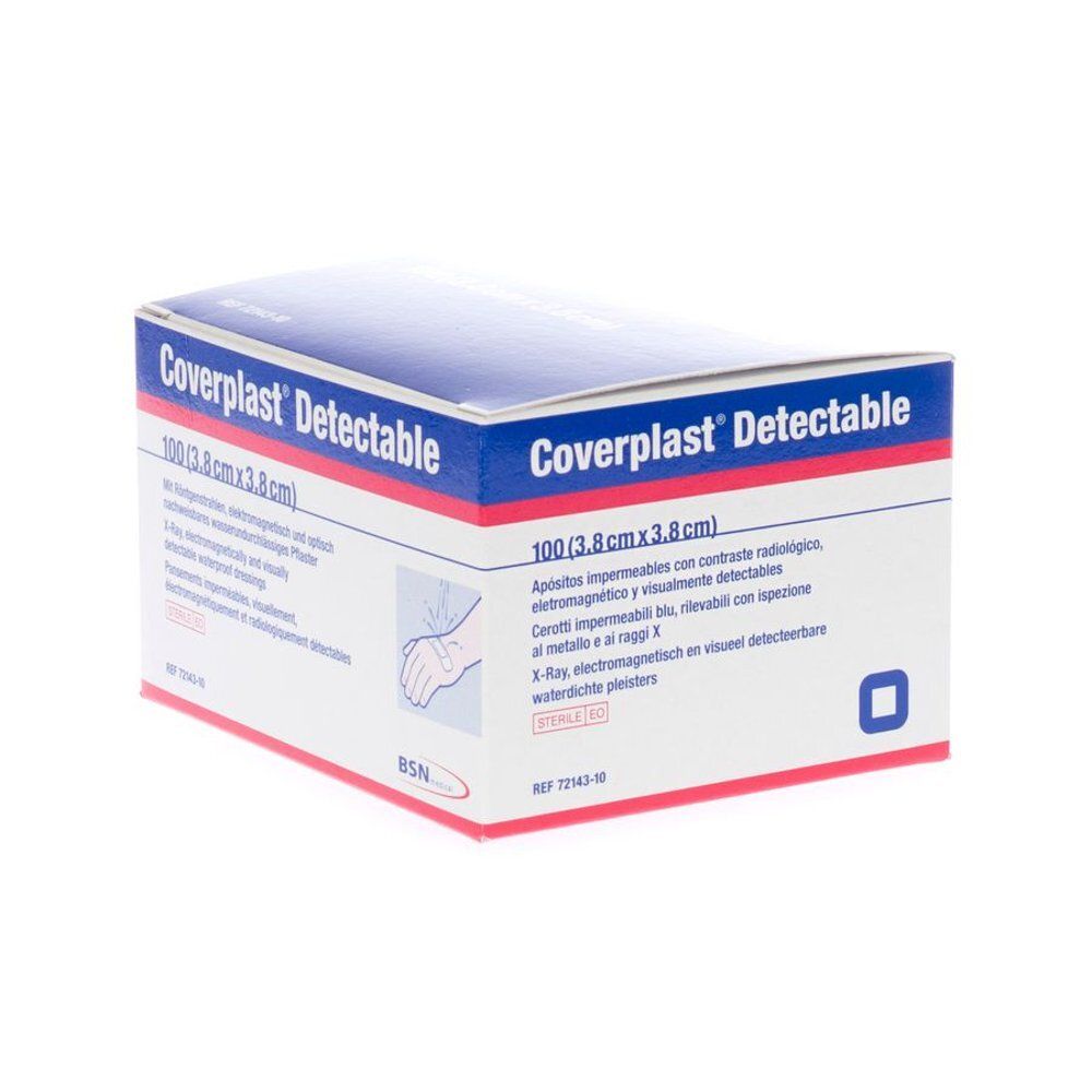 Boîte Coverplast Detectable, 100 pansements (3,8 x 3,8 cm). Emballage bleu et blanc avec nom et description du produit. Logo BSN et marquage CE.