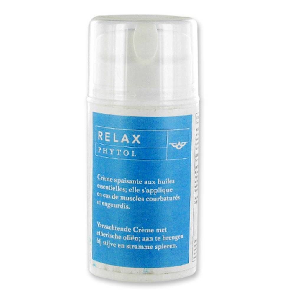 Witte dispenser met blauw etiket. Opschrift: RELAX PHYTOL. Tekst in het Frans en Nederlands.