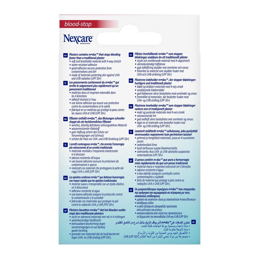 Verpakking Nexcare Bloodstop pleisters, 30 stuks. Met UV-bescherming logo. Bevat verschillende maten.