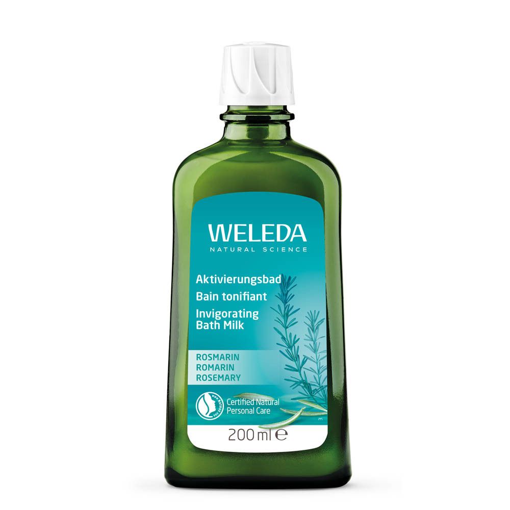 Groene glazen fles met witte dop. Opschrift: WELEDA, Invigorating Bath Milk. 200ml.