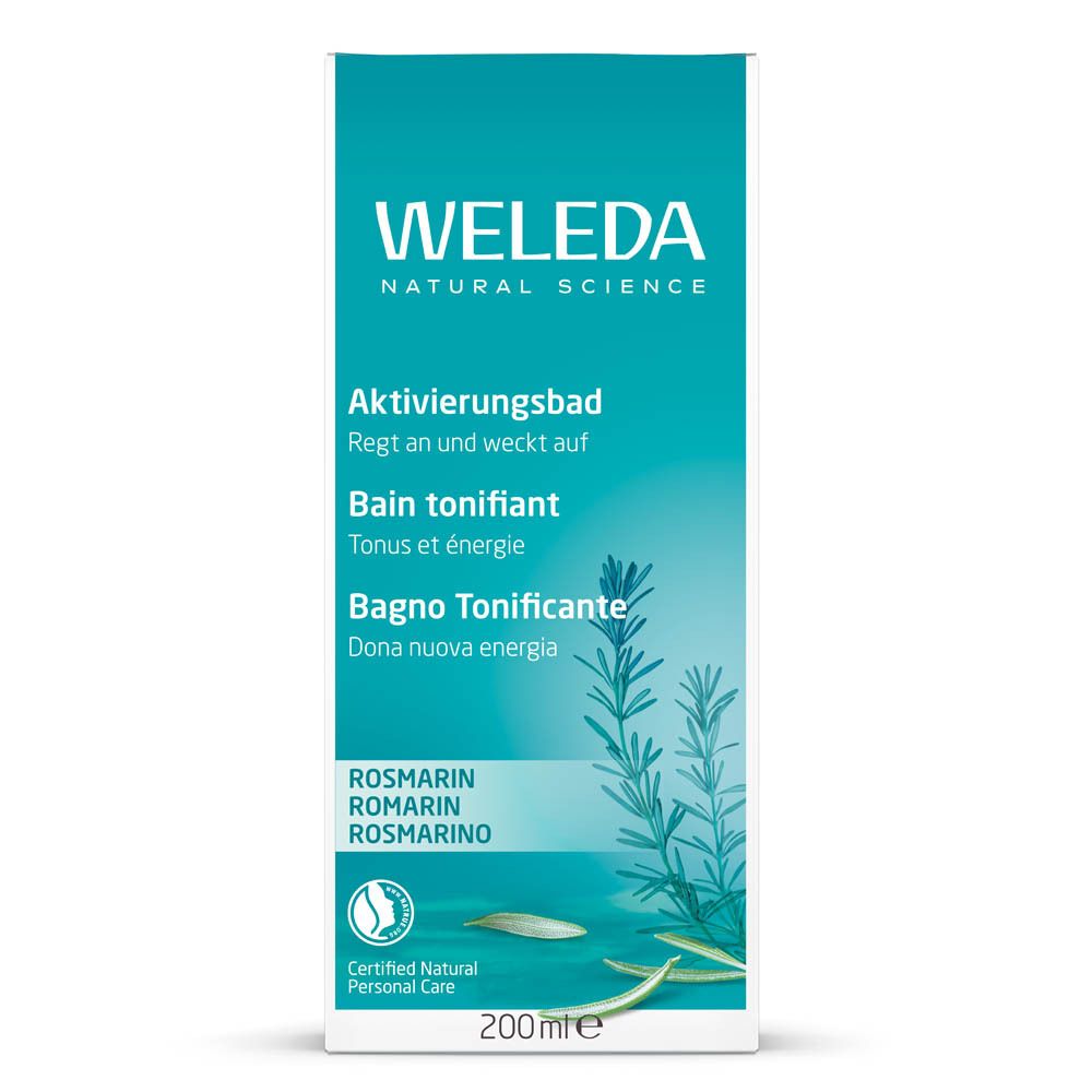 Kartonnen verpakking. Opschrift: WELEDA, Bad. Rozemarijn illustratie. 200ml.