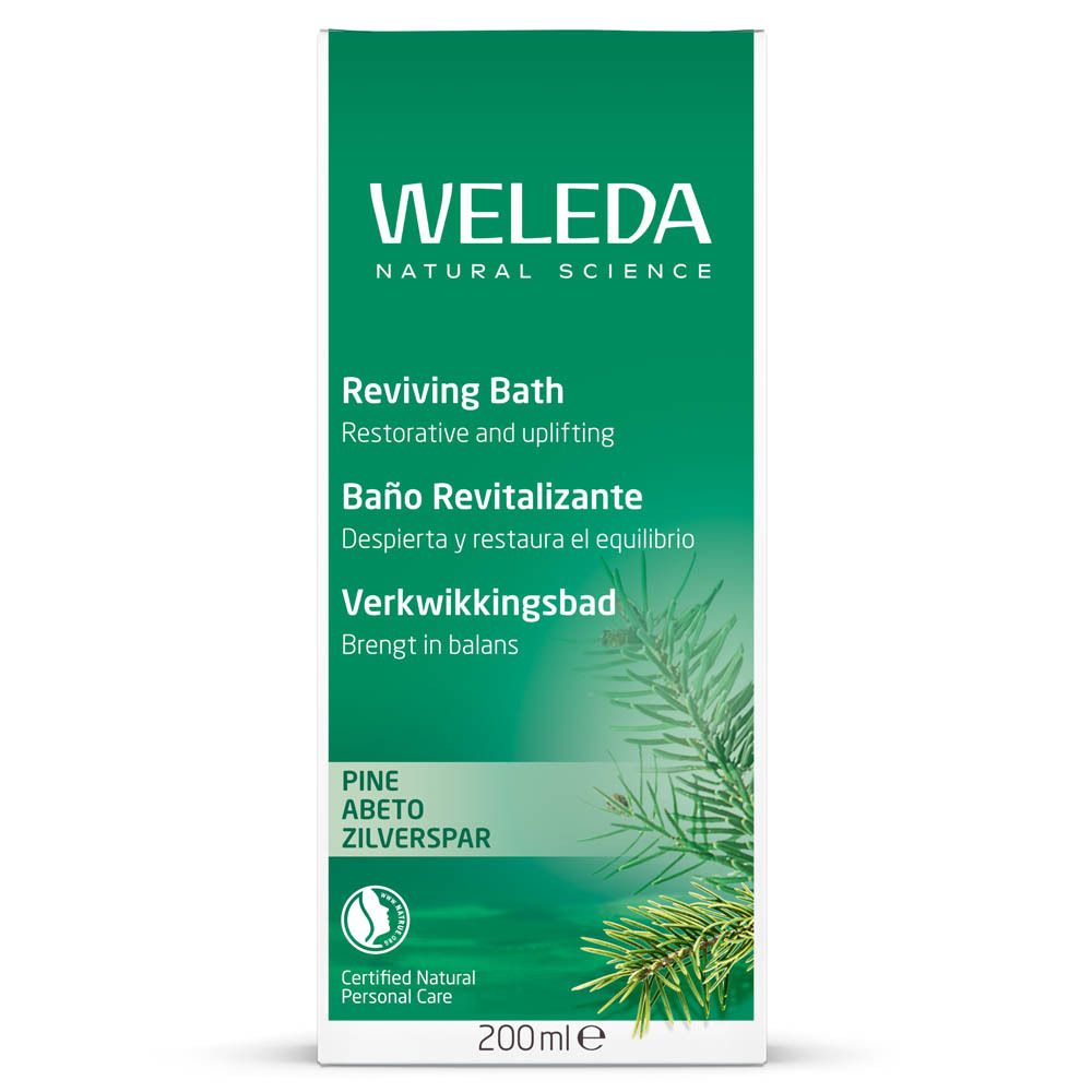 Witte verpakking met groen ontwerp. Productnaam en logo. Tekst in meerdere talen. Bio-certificering.