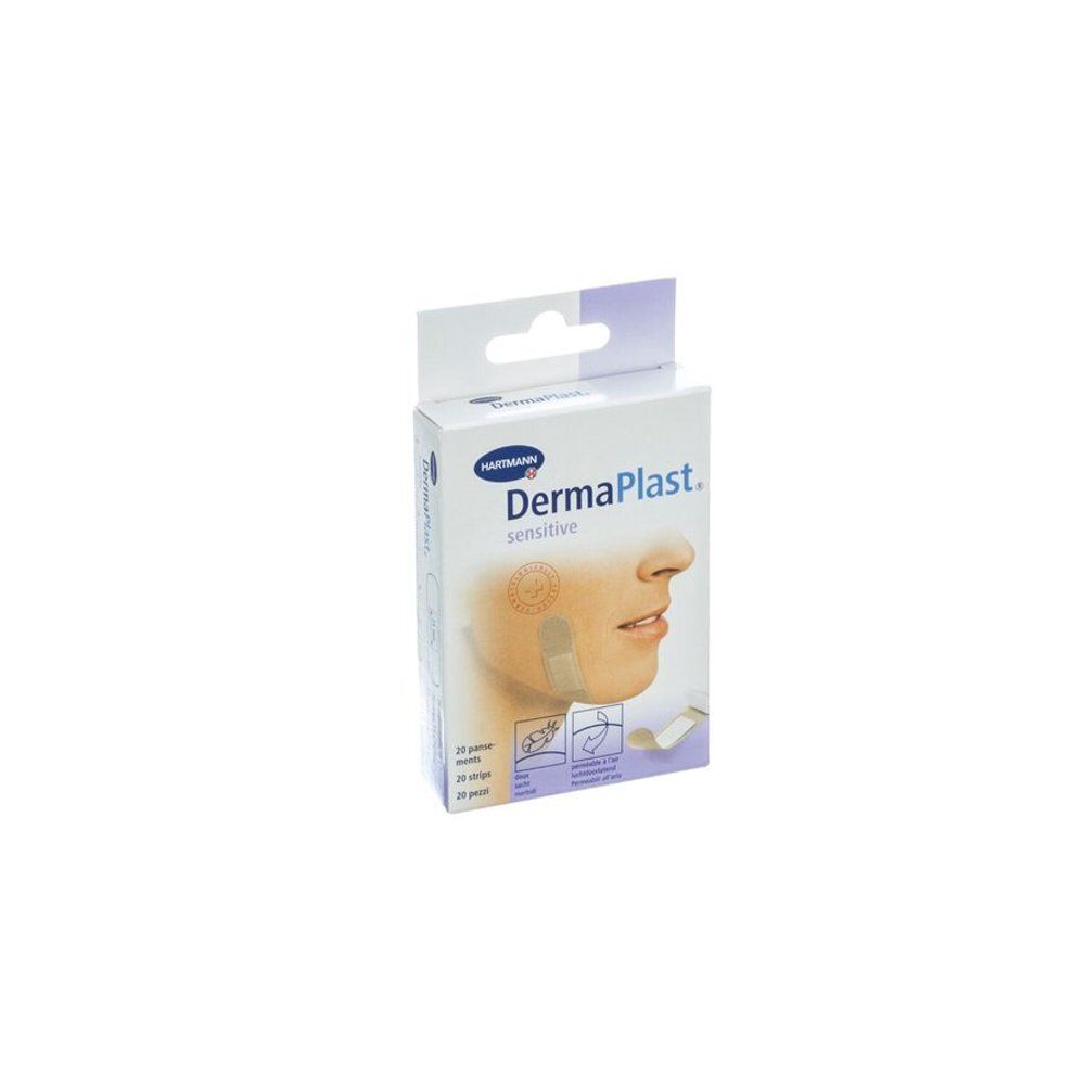 Boîte de pansements Dermaplast sensitive. Illustration d'un visage avec pansements. Contient 20 pièces.