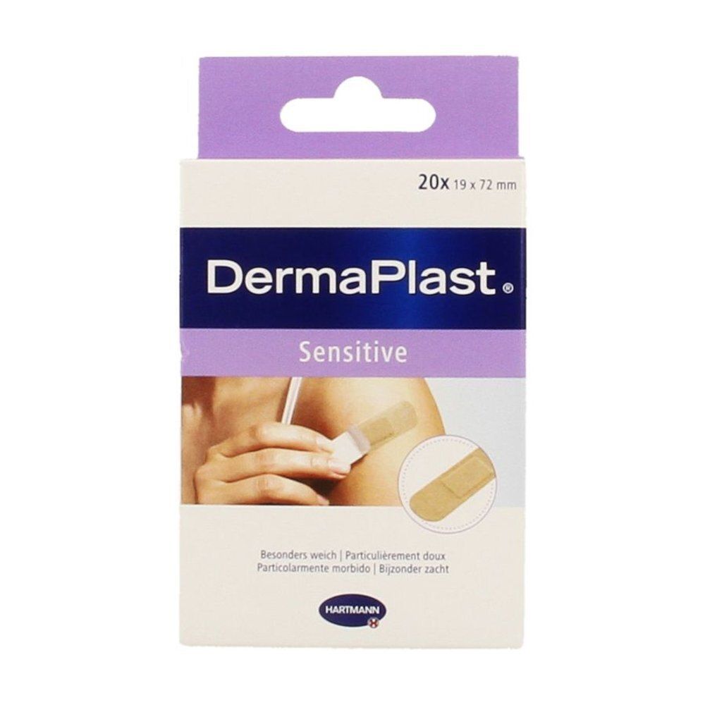 Boîte de pansements Dermaplast sensitive. Un pansement est montré sur un bras. Dimensions: 19x72mm.