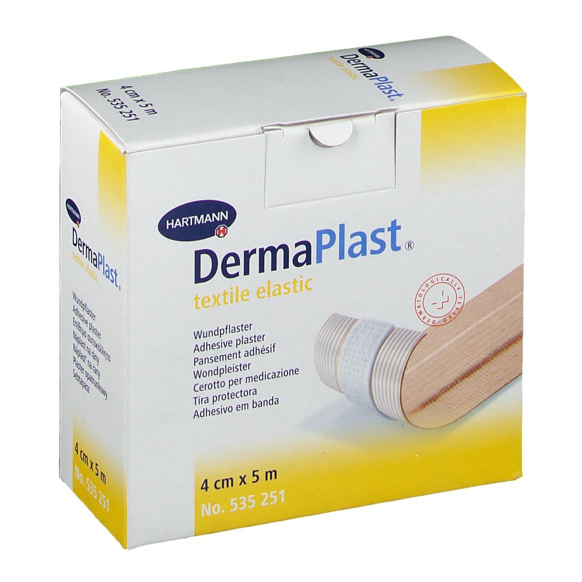 Verpakking van Dermaplast Textil Elástico. Afmeting: 4 cm x 5 m. Merk Hartmann. Productafbeelding.