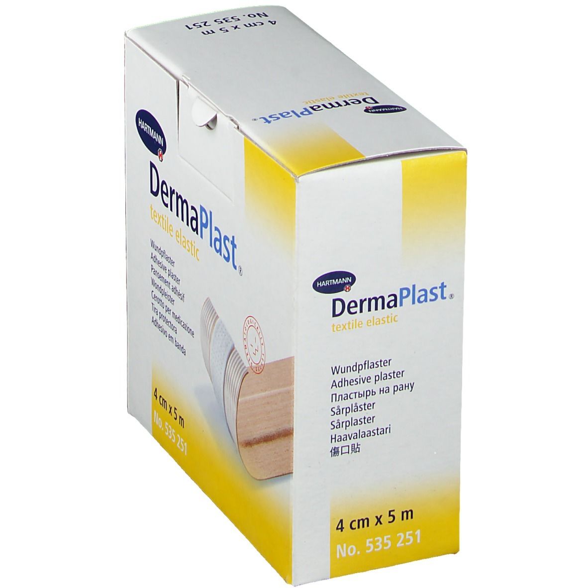 Dermaplast Textil Elástico verpakking, schuin. Afmeting: 4 cm x 5 m. Merk Hartmann. Productafbeelding.