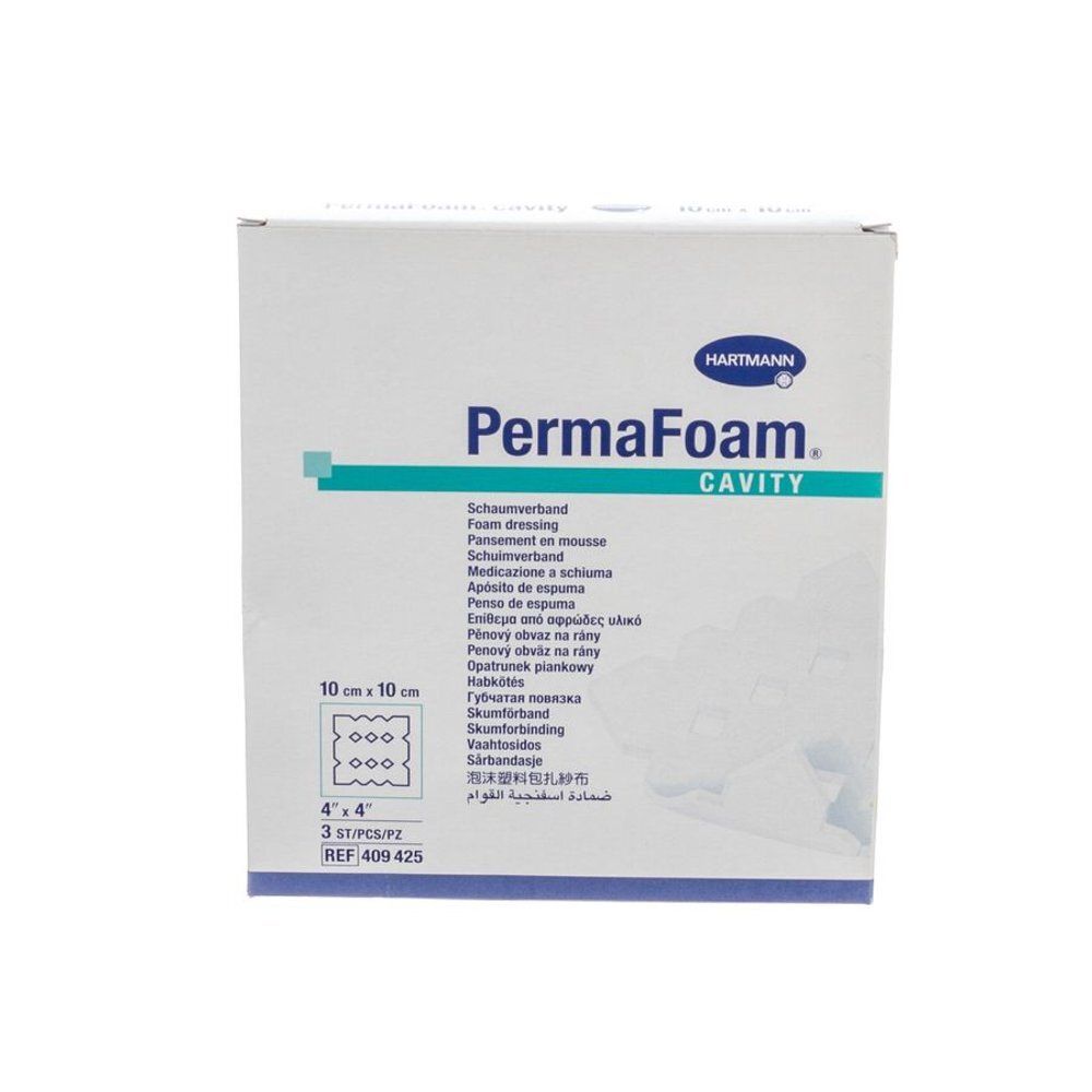 Boîte de PermaFoam Cavity, 10 x 10 cm. Marque Hartmann. Pansement en mousse. Contient 3 pièces. Référence 409425.