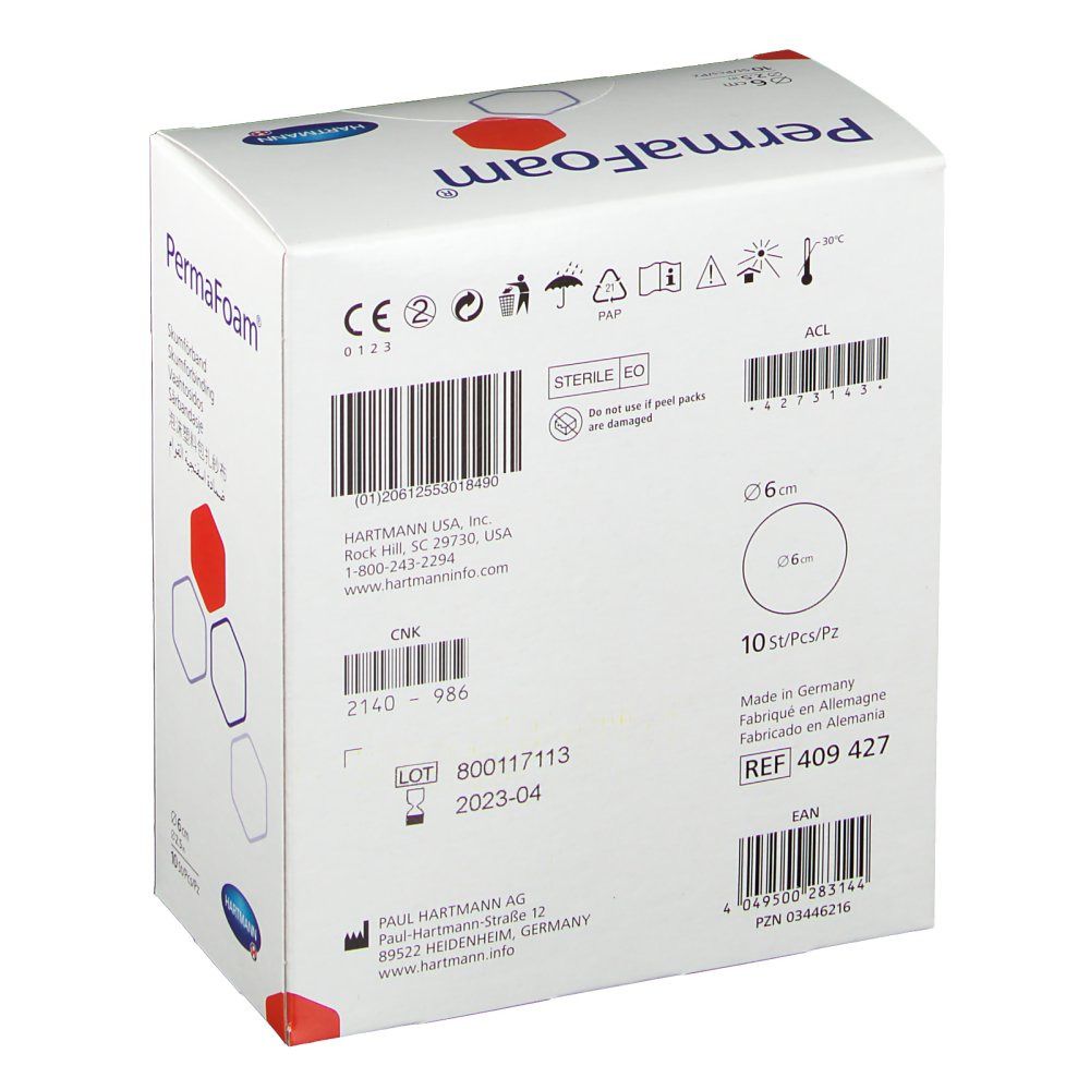 Dos de la boîte PermaFoam®. Informations fabricant, numéro de lot, date de péremption, taille et certifications.