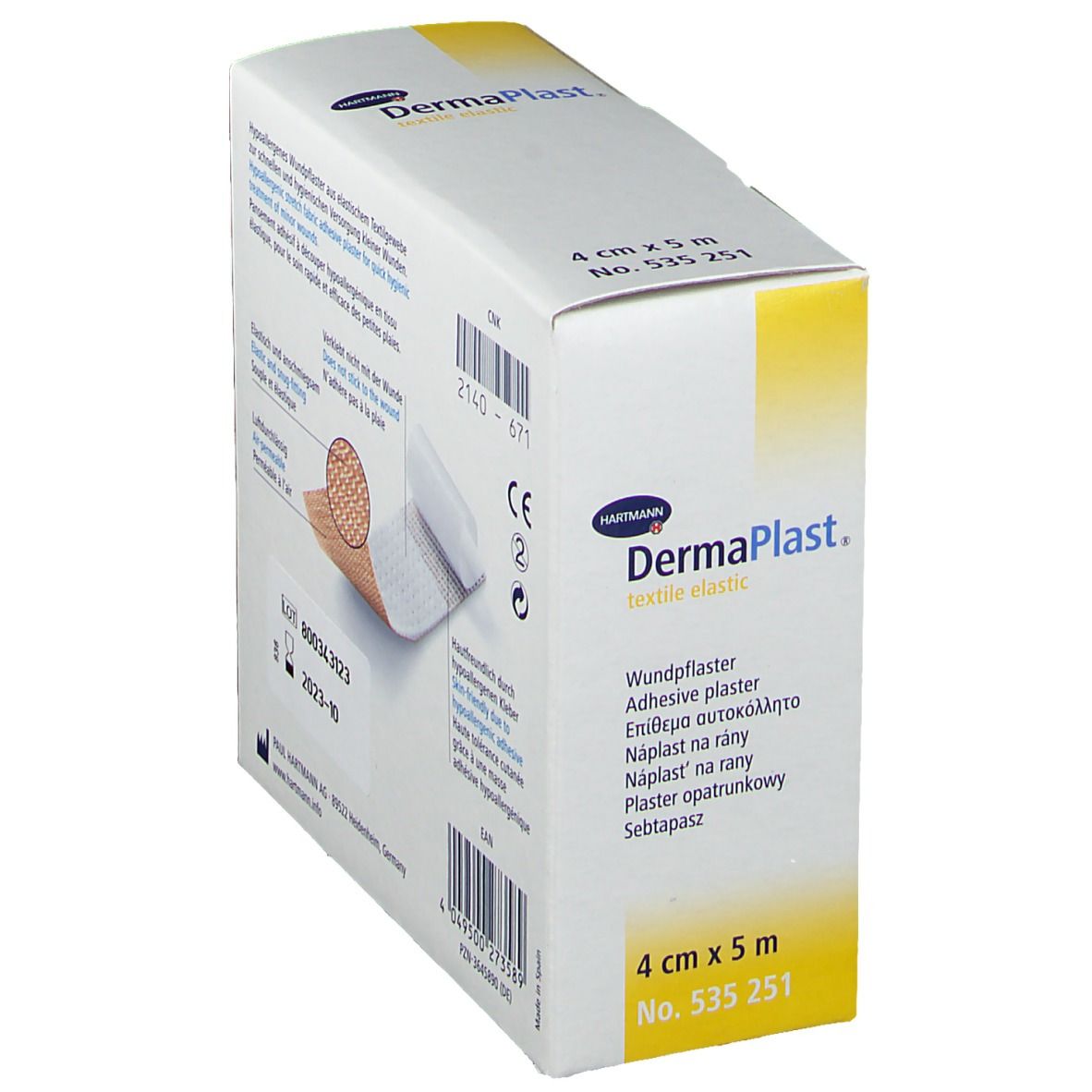 Emballage Dermaplast Textil Elástico en biais. Dimensions : 4 cm x 5 m. Marque Hartmann. Marquage CE.