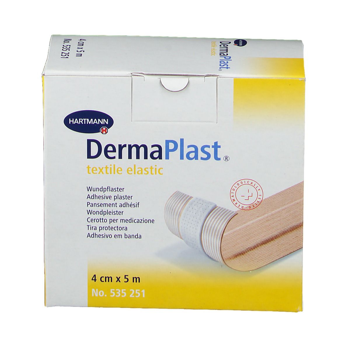 Emballage Dermaplast Textil Elástico. Dimensions : 4 cm x 5 m. Marque Hartmann. Illustration du produit.