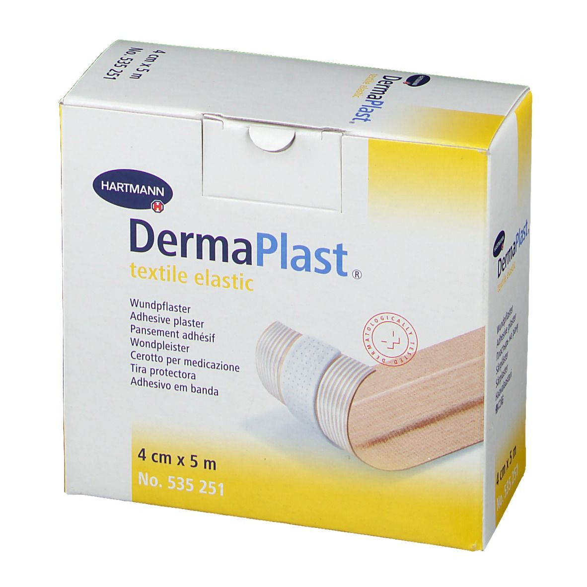 Emballage Dermaplast Textil Elástico. Dimensions : 4 cm x 5 m. Marque Hartmann. Illustration du produit.